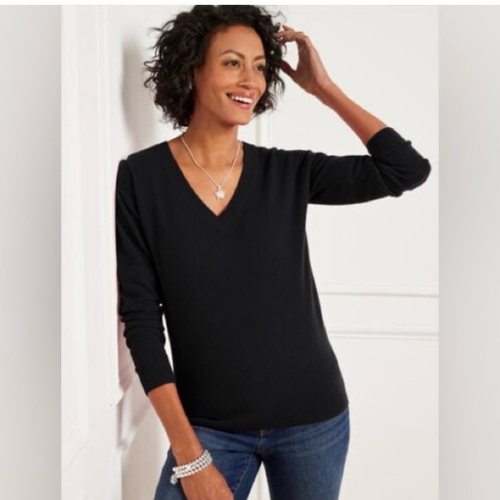 Talbots Black Full Cashmere V-Neck Pullover Sweater Sz Small